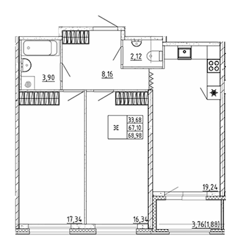 2-комнатная квартира 68.98 м², 2/12 эт., ЖК «UP! Квартал Воронцовский»